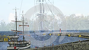 Sailing ship leaving the port