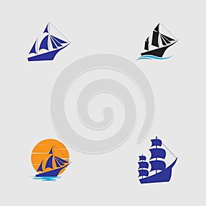 sailing ship logo pinisi ship vintage blue ship in the sea design vector