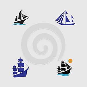 sailing ship logo pinisi ship vintage blue ship in the sea design vector