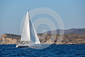 Sailing ship luxury yacht boat with white sails in the Mediterranean Sea. Sport.