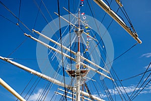 Sailing ship mast with rigging and cables against the sky.