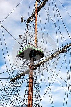 Sailing ship mast with rigging and cables against the sky.