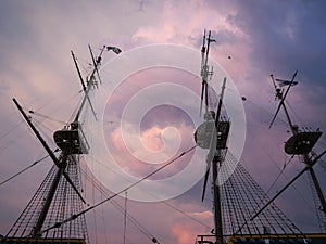 Sailing ship masts from frog\'s eye perspective