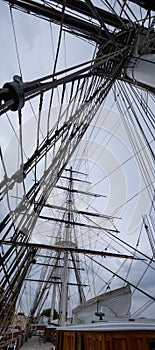 Sailing ship masts and rigging on sky background