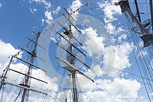 Sailing ship masts under the blue sky , in Mar del Plata port