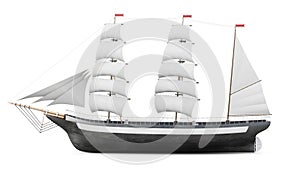 Sailing ship model on a white background. 3d rendering