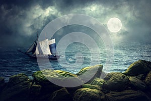The sailing ship on moonlight