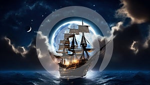 Sailing ship in the moonlight