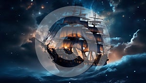 Sailing ship in the moonlight