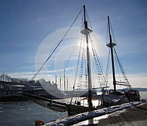 A sailing ship moored in the harbour of Oslo, Norway