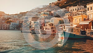 Sailing ship moored at tranquil fishing village, Greek culture abounds generated by AI