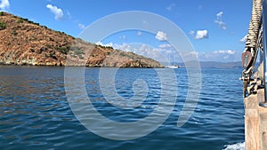 Sailing on the ship near islands in the sea