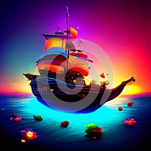 Sailing ship in the ocean at sunset. 3D illustration. Generative AI