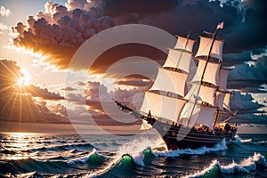 Sailing Ship on the Ocean at Sunset created with Generative AI