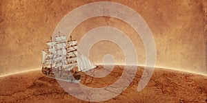 Sailing ship on old world map. Concept of a search for treasure and new discoveries