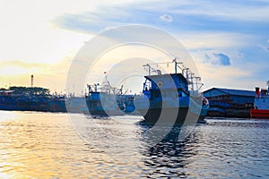 Sailing ship port sunset