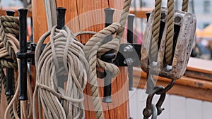 The sailing ship pulley, block and tackle