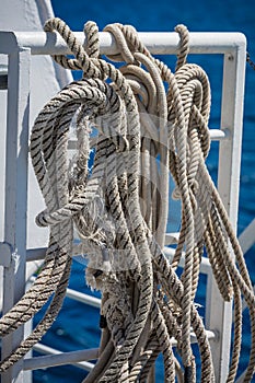 Sailing ship ropes and lines neatly coiled