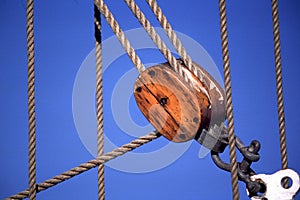 Sailing ship ropes and pulley