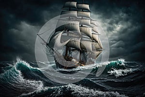 sailing ship in rough sea with waves sailing in a storm