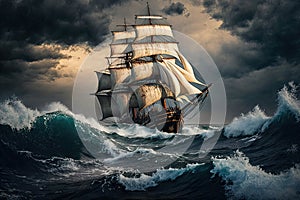 sailing ship in rough sea with waves sailing in a storm