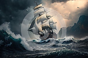 sailing ship in rough sea with waves sailing in a storm