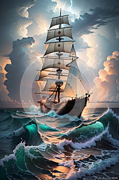 The Sailing Ship\'s Daring Struggle to Reach the Shore amidst a Raging Storm. AI generated