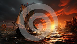 Sailing ship sails on sunset, adventure on nautical vessel generated by AI