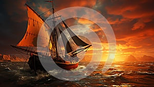 Sailing ship sails at sunset, water waves reflect adventure generated by AI