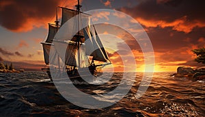 Sailing ship sails on sunset waves, adventure in nature generated by AI