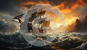 Sailing ship sails through waves, sky ablaze at sunset generated by AI