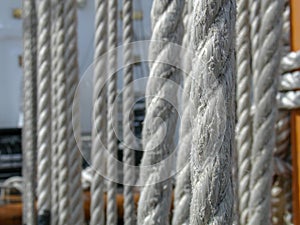 Sailing ship school Sagres.  Vessel interior, mooring ropes on deck