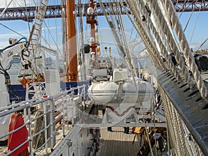 Sailing ship school Sagres.  Vessel interior, mooring ropes on deck