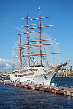 Sailing ship Sea Cloud II moored at the pier English closeup. Saint Petersburg