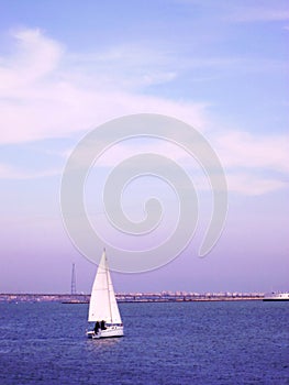 Sailing ship in the sea off the coast of Cadiz capital, Andalusia. Spain. photo