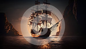 Sailing ship in the sea at sunset. 3d illustration.