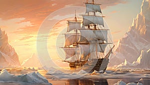 Sailing ship in the sea at sunset. 3D illustration, An old sailing ship navigating through towering icebergs, AI Generated