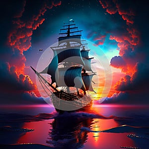 sailing ship in the sea at sunset, 3d render illustration Generative AI