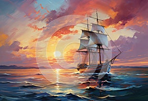 Sailing ship in the sea at sunset. Oil painting effect