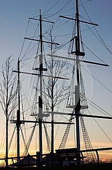 Sailing ship with several tall masts anchored on the River Barrow at New Ross Co. Wexford Ireland