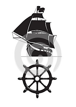 Sailing ship and steering wheel isolated on white background