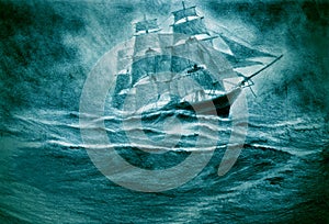 Sailing ship in a storm