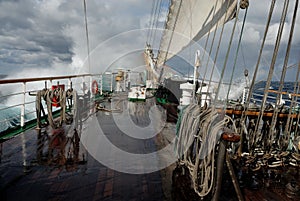 Sailing ship in a storm on the ocean