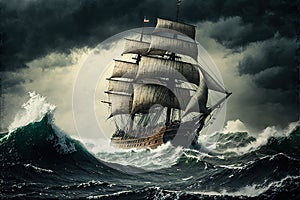 sailing ship in storm on rough sea waves and rain