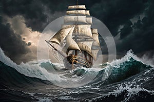 sailing ship in storm on rough sea waves and rain