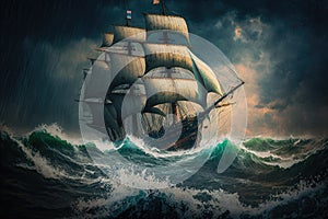 sailing ship in storm on rough sea waves and rain