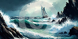 Sailing ship in a stormy sea, Watercolor, Ai generative