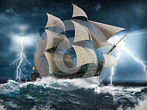 Sailing ship struggling in a heavy storm with lightning