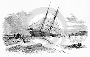 a sailing ship stuck in the ice during an Arctic winter