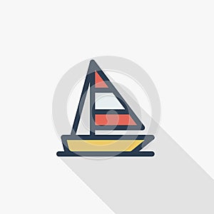 Sailing ship thin line flat color icon. Linear vector symbol. Colorful long shadow design.